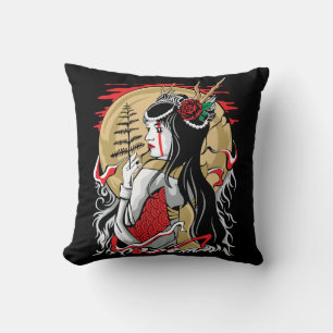 Cojín Decorativo Chica japonesa con cuernos de ciervo en kimono