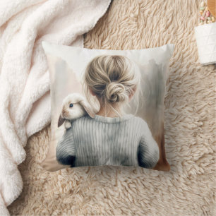 Cojín Decorativo Chica joven acuarela con conejo Mascota
