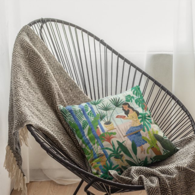 Cojín Decorativo Chica leyendo plantas de invernadero azul conscien (Subido por el creador)