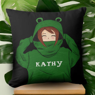 Cojín Decorativo Chica linda con capucha de rana verde Dibujo Nombr