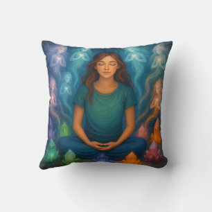 Cojín Decorativo Chica Meditando con Seres Elementales de Cristal
