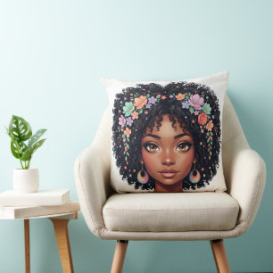 Cojín Decorativo Chica Negra Adorable Con Corona De Flores Afro