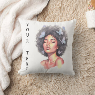 Cojín Decorativo Chica Negra Mariposa Minimalista Pastel Personaliz