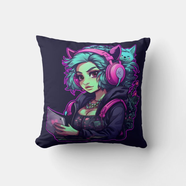Cojín Decorativo Chica Neon gamer (Anverso)