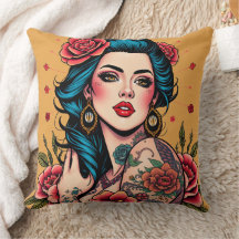 Chica pin up de pelo azul con rosas