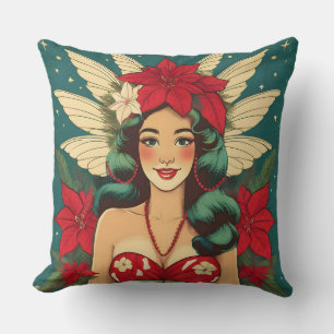 Cojín Decorativo Chica Pin-Up Retro de Navidad Tropical de los 50