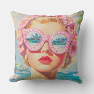 Cojín Decorativo Chica Retro Beach con gafas de sol florales