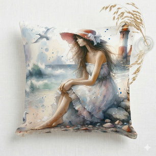 Cojín Decorativo Chica Romántica de Acuarela junto al Faro