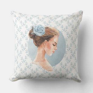Cojín Decorativo Chica romántico. Flor azul