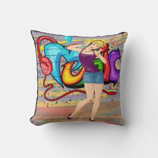 Cojín Decorativo Chica rubio bailando músicaGraffiti fondo del muro (Anverso)