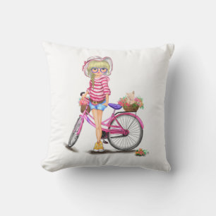 Cojín decorativo Chica rubio con bicicleta rosa
