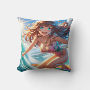 Cojín Decorativo Chica surfista de anime costero/nautico/tropical