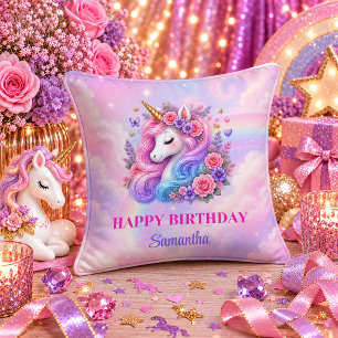 Cojín Decorativo Chica Unicornio Adorable Cumpleaños Día Mágico Alm