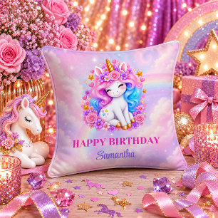 Cojín Decorativo Chica Unicornio Encantada Cumpleaños Pastel Colore
