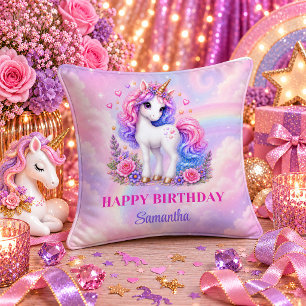 Cojín Decorativo Chica Unicornio Encantada Cumpleaños Pastel Colore