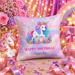 Cojín Decorativo Chica Unicornio Mágico Cumpleaños Arcoíris Pastel 