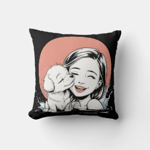 Cojín Decorativo Chica y cachorro compartiendo un momento alegre en