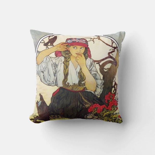 Cojín Decorativo Chica y Geranium, Mucha (Anverso)