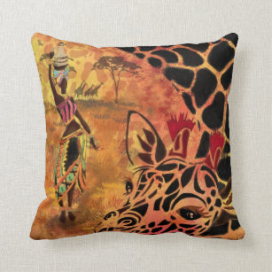 Cojín Decorativo Chica y jirafa africanos - Amigos - Dibujo de arte