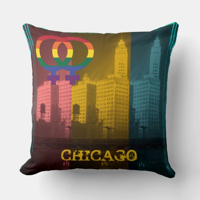 Cojín Decorativo Chicago Gay Lesbian Interés Rainbow Wrigley Bldg (Anverso)