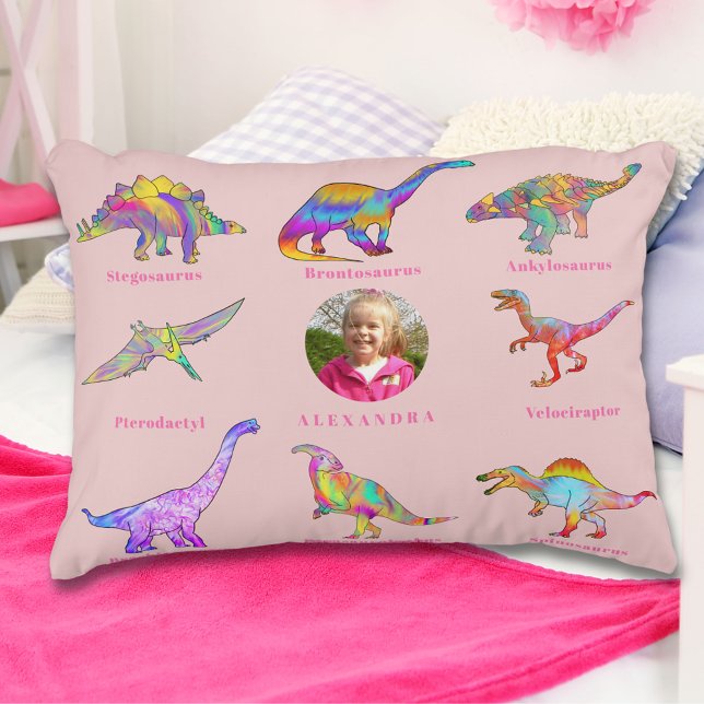 Cojín Decorativo Chicas de Dinosaurios Nombre y foto personalizados (Colorful dinosaur girls personalized name and photo pink pillow)