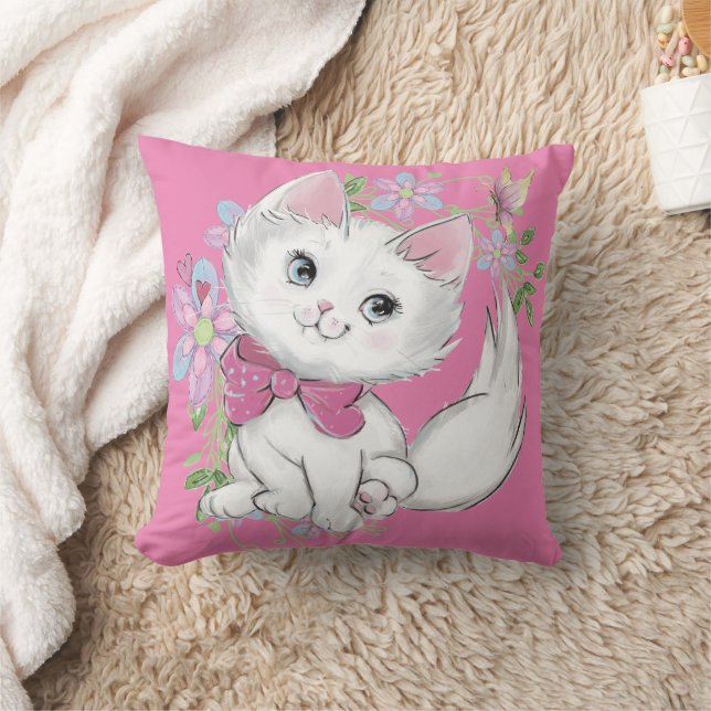 Cojín Decorativo Chicas de gatitos y flores rosadas (Manta)