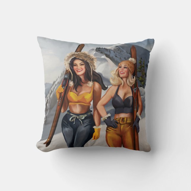 Cojín Decorativo Chicas de Pinup de bonito esquiando (Anverso)