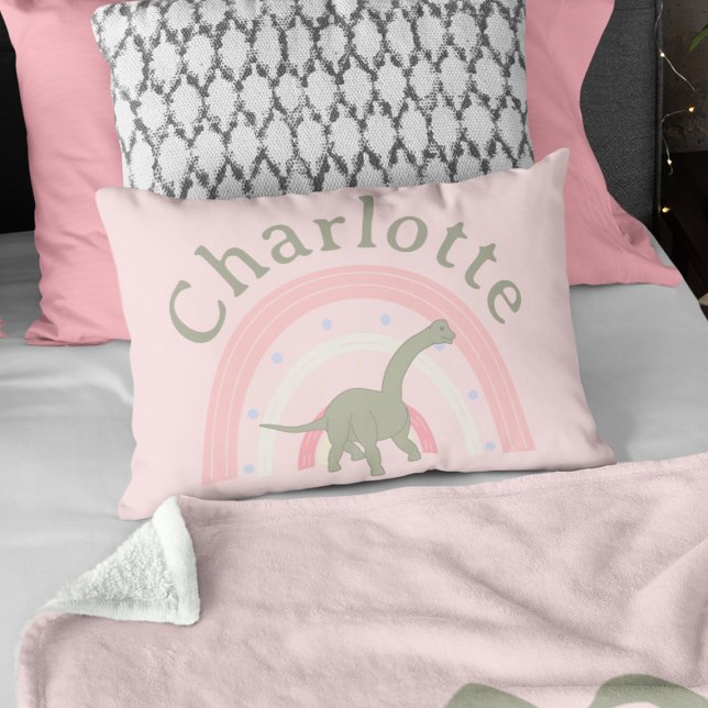 Cojín Decorativo Chicas Dinosaurio Personalizado de habitación rosa (Girls Dinosaur Rainbow Pink Bedroom Custom Accent Pillow
)