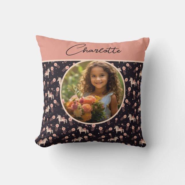 Cojín Decorativo Chicas Floral Unicorn Personalizado foto con nombr (Anverso)