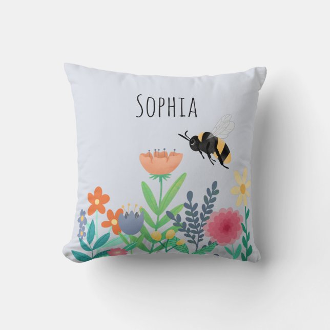 Cojín Decorativo Chicas Naturaleza lindo abeja y flores niños (Anverso)