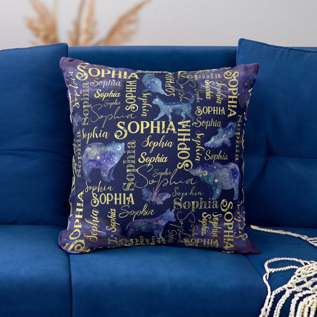 Cojín Decorativo Chicas personalizados nombran collage de animales  (Personalized girls name celestial animals collage throw pillow)
