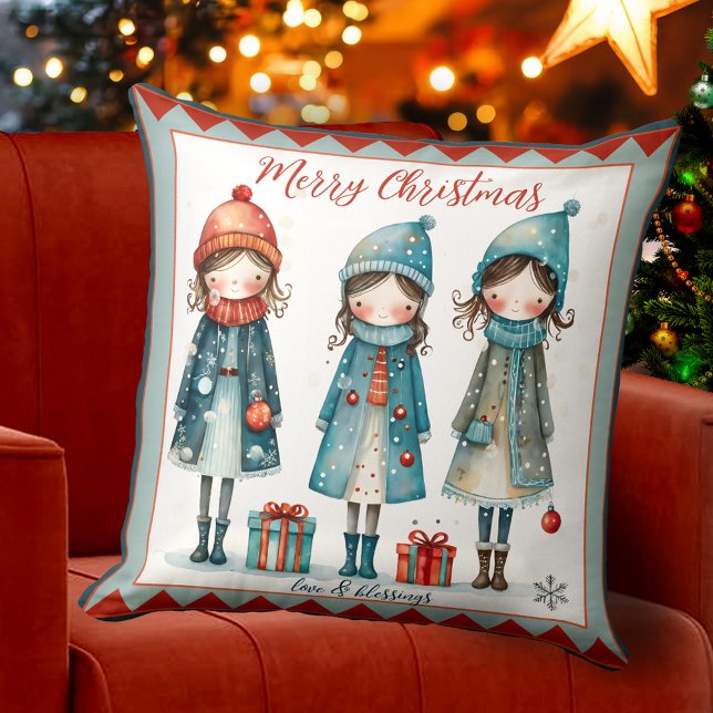 Cojín Decorativo Chicas ricas Navidades festivos singulares Pillow (Christmas Holidays pillow with a cute whimsical design showing 3 girls bringing gifts and blessings)