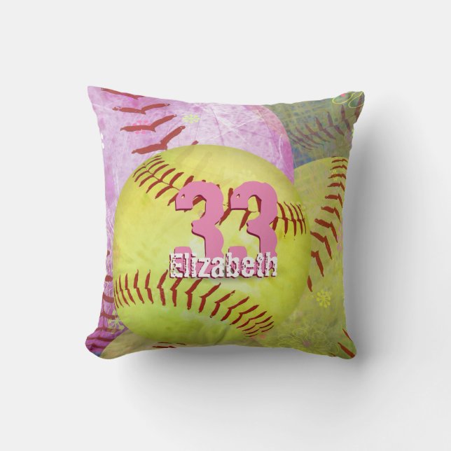 Cojín Decorativo Chicas Softball amarillo y rosa brillante (Anverso)