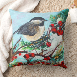 Cojín Decorativo Chickadee Bird Berries Winter Art