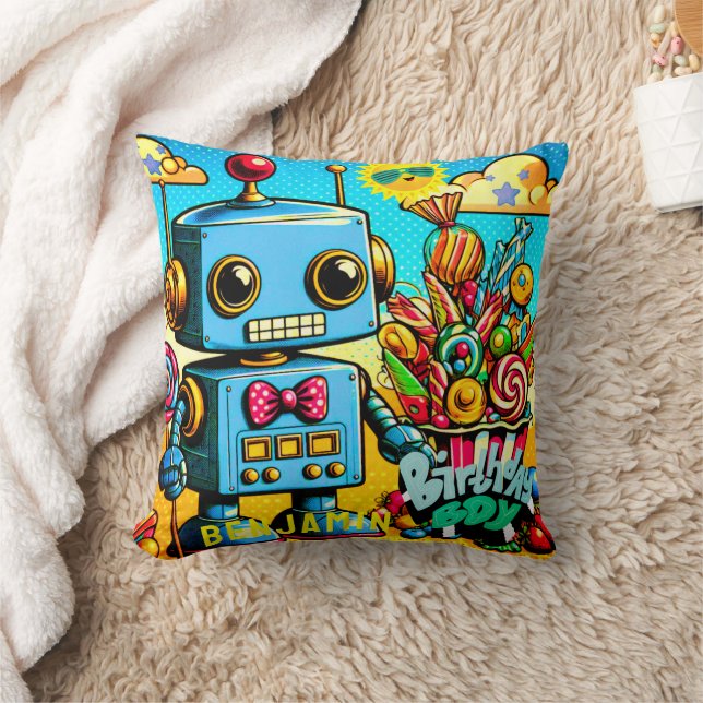 Cojín Decorativo Chico cumpleaños Robot Retro personalizable (Manta)