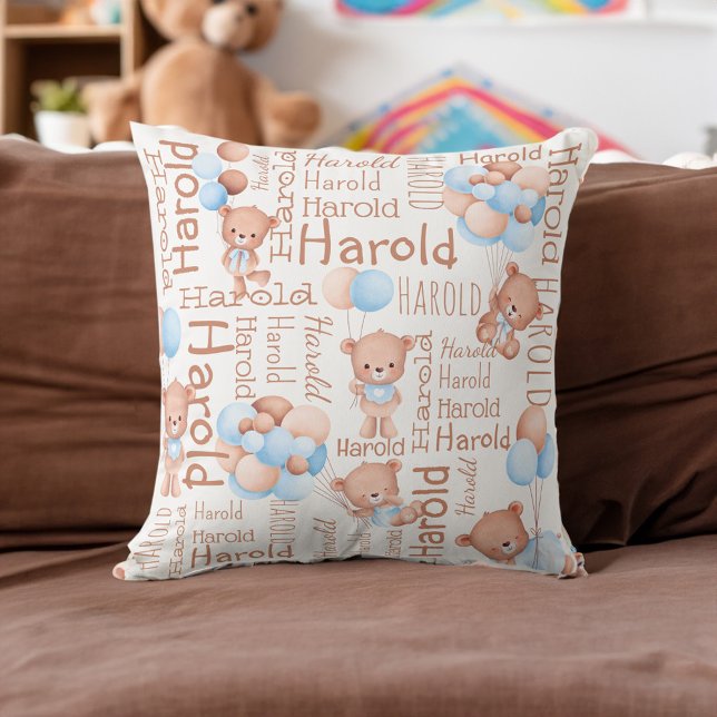 Cojín Decorativo Chicos personalizados nombran regalos de collage d (Personalized boys name teddy bear collage gifts throw pillow nursery decor baby boy gifts ideas)