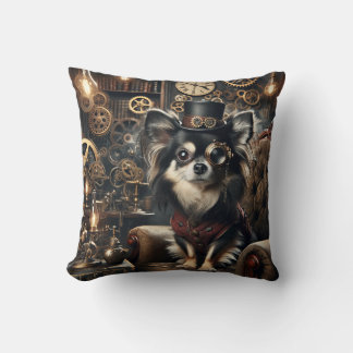 Cojín Decorativo Chihuahua Steampunk de cabello largo, blanco y neg