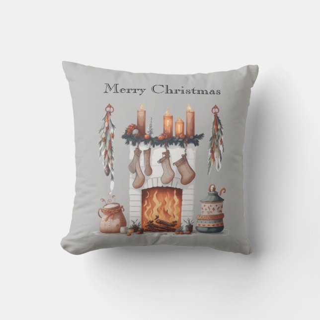 Cojín Decorativo Chimenea festiva Cita Feliz Navidad (Anverso)
