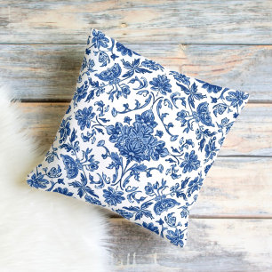 Cojín Decorativo Chinoisería Floral Azul Acuarela Blanca
