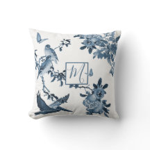 Chinoiserie azul blanco Floral estilo Monograma