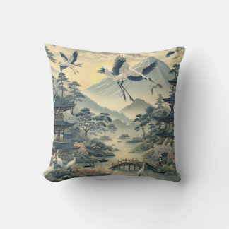 Cojín Decorativo Chinoiserie Crane Bird Pagoda Sceneración Patrón