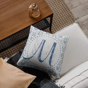 Cojín Decorativo Chinoiserie Delft Blue Monogram・Personalizado