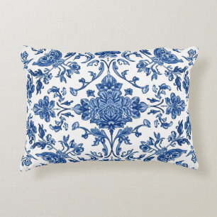 Cojín Decorativo Chinoiserie Floral Azul Acuarela Blanca