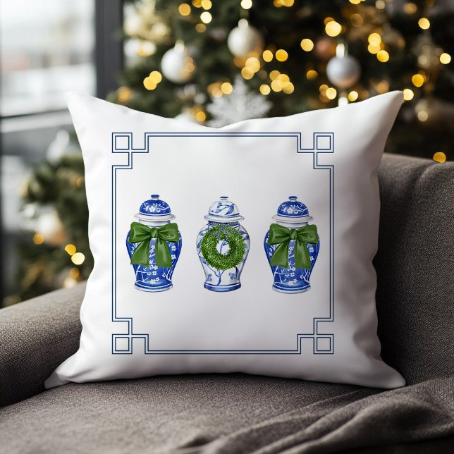 Cojín Decorativo Chinoiserie Ginger Jars Holiday (chinoiserie blue and white ginger jar christmas pillow)