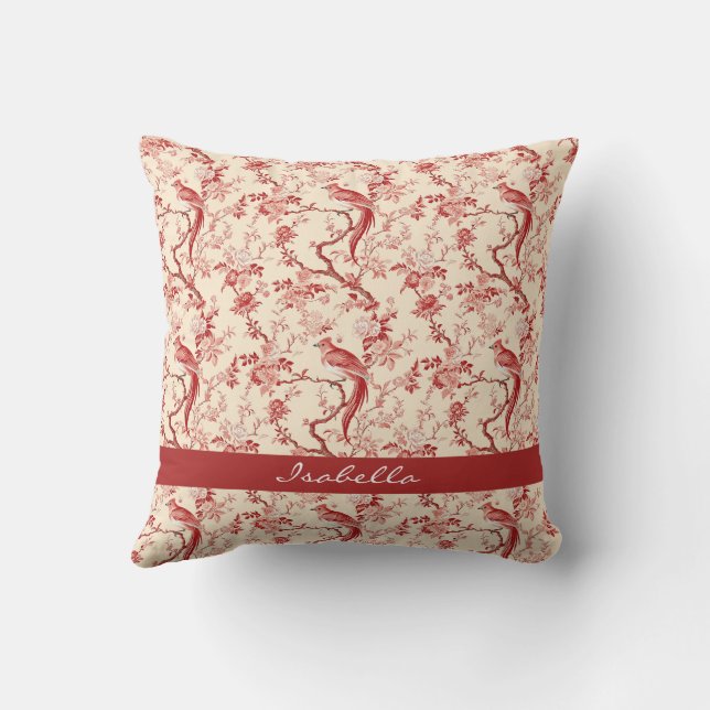 Cojín Decorativo Chinoiserie Pájaro Asiático Floral Rosa Rojo (Reverso)