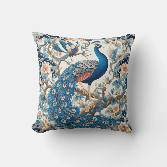 Cojín Decorativo Chinoiserie Peacock Azul y Blanco (Anverso)
