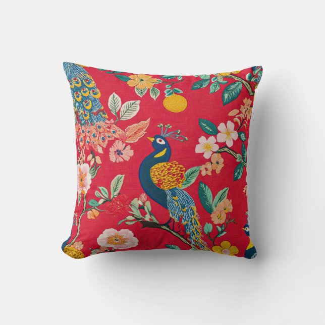 Cojín Decorativo Chinoiserie Peacock Naif Floral (Anverso)