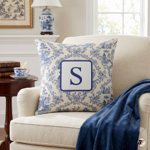 Cojín Decorativo Chinoiserie Toile Monograma Personalizada Azul y B