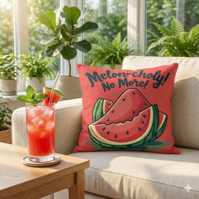 Cojín Decorativo Chiste de sandía divertido "Melon-colía no más"  (Funny Watermelon Pun Melon-choly No More Throw Pillow Mockup A)
