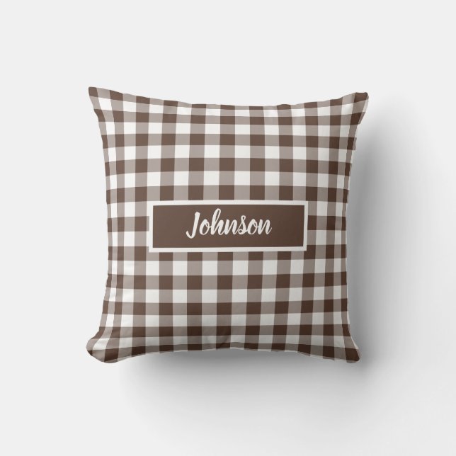 Cojín Decorativo Chocolate Brown Plaid Gingham Customizable (Anverso)